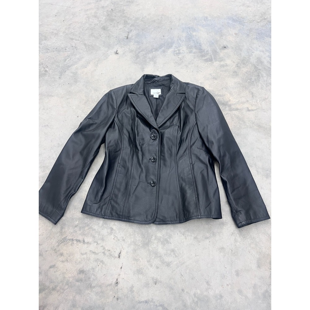 East 5th Blazer Jacket Womens Large Black Genuine Leather Gothic 3-Button Coat